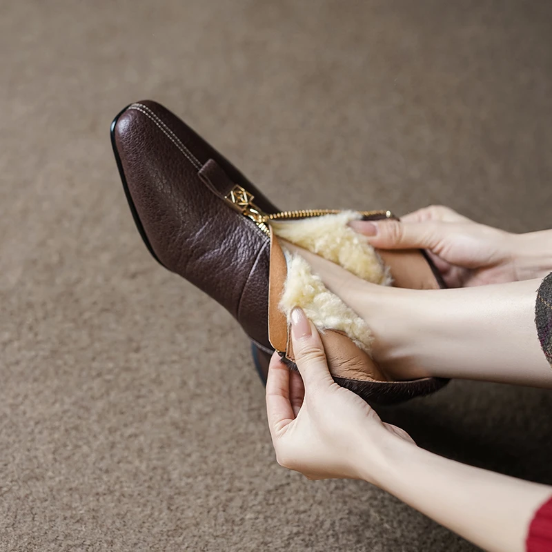 3cm/羊皮/真毛冬季加厚粗跟短靴女保暖大棉皮靴中跟方头时尚靴子