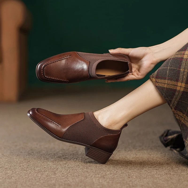 3.5cm/牛皮/软底软面复古及踝靴女弹力显瘦舒适方头粗跟深口单鞋