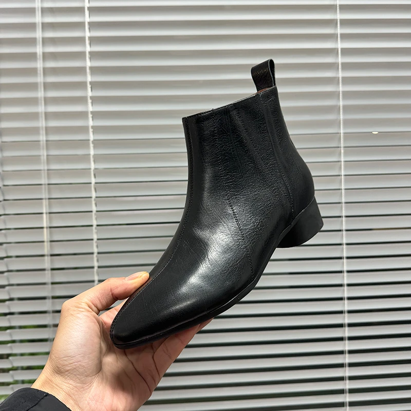 3cm/牛皮/时尚中粗跟短靴女软底软面芒果头舒适侧拉链短筒靴真皮