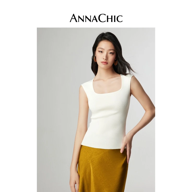 ANNACHIC白色小飞袖正肩针织衫女夏季新款设计感气质方领修身上衣