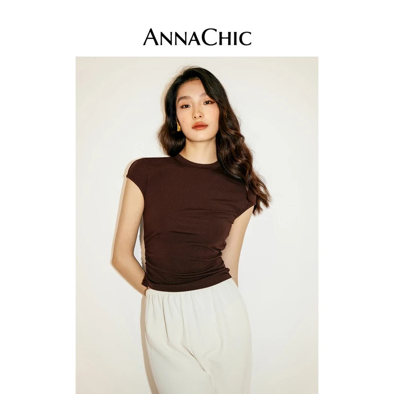 ANNACHIC咖啡色短袖T恤女夏季新款紧身显瘦打底衫圆领正肩上衣