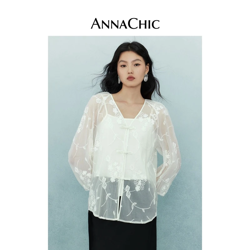 ANNACHIC米杏色绣花长袖衬衫女夏季防晒衬衣新中式禅意盘扣上衣