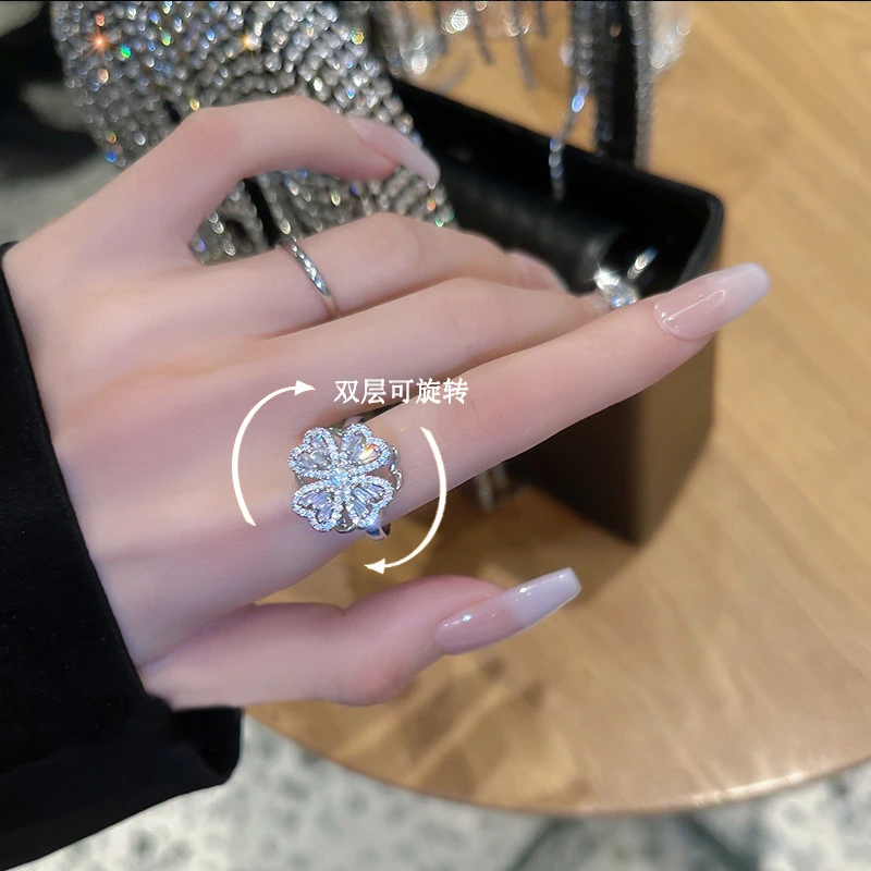 铜合金合成锆石戒指 旋转四叶花戒指女新款食指开口指环时尚个性