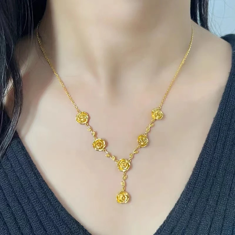 铜合金项链 高定玫瑰花幸福套链气质锁骨链高级婚庆送女友礼物