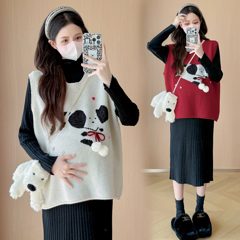 X3750#11.14 2024秋冬孕妇时尚提花小狗马甲+半高领宽松针织裙