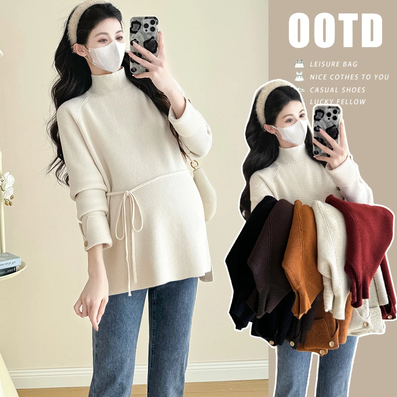 X3753#11.16 秋冬宽松法式开叉设计感孕妈百搭针织衫毛衣打底衫