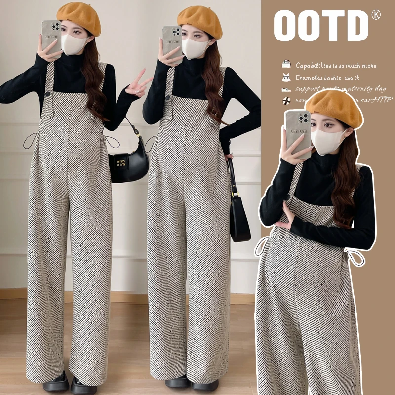 X3705#11.52024冬季条纹宽松显瘦孕妇针织上衣+背带裤前后两穿