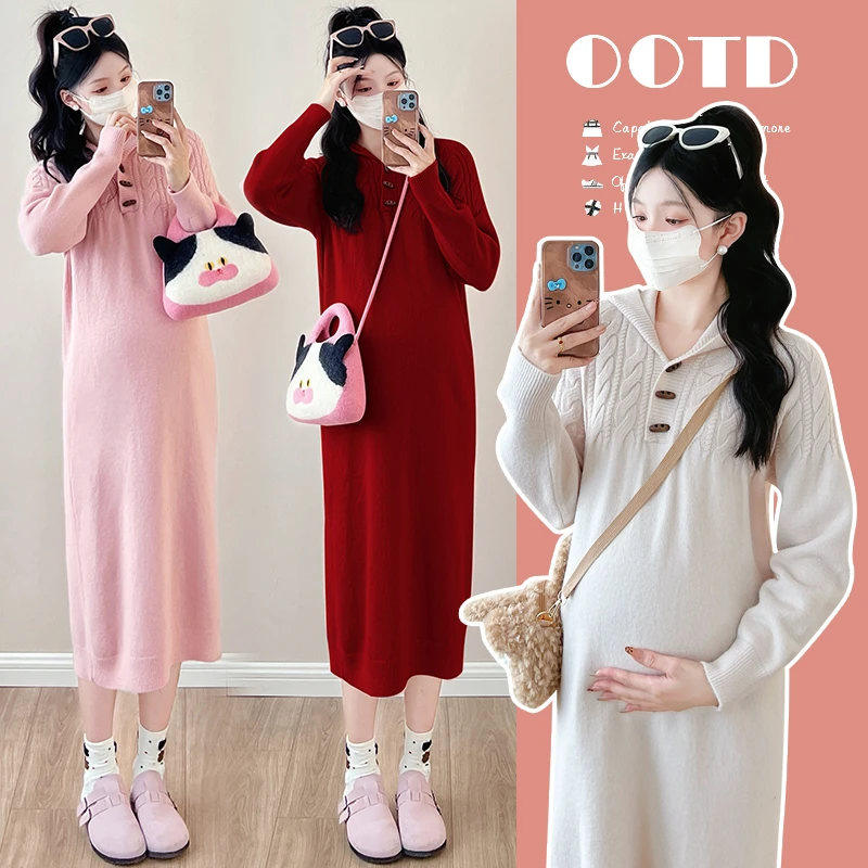 X3522#9.25 孕妇秋冬新款连帽连衣裙甜美时尚感针织面料宽松型