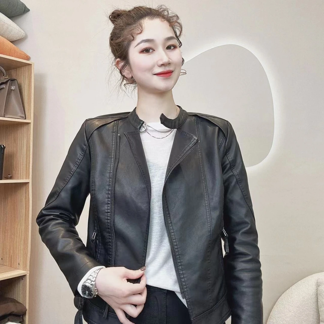 〖机车女神〗加棉圆领时尚休闲百搭磨砂韩版通勤显瘦皮衣外套女款