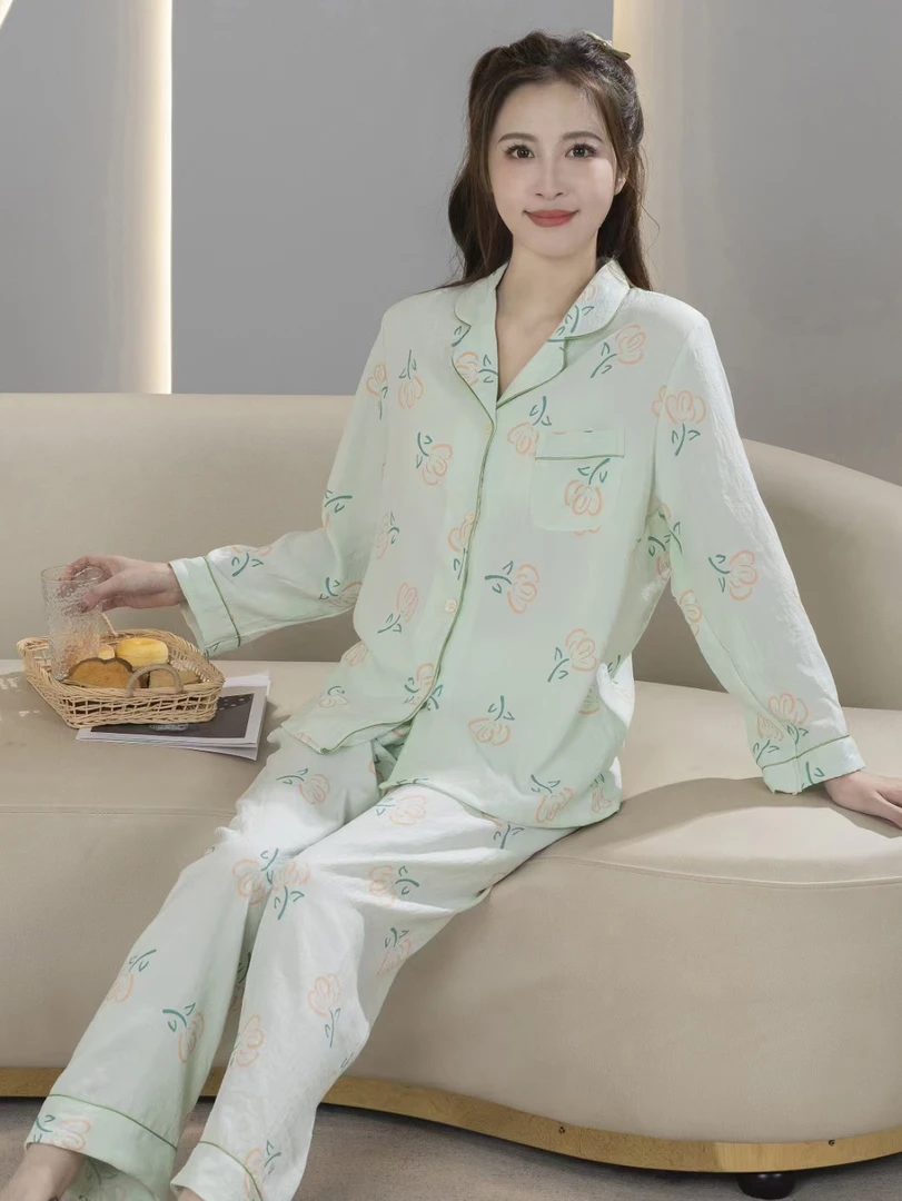女士夏季舒适透气开衫棉绸家居服套装