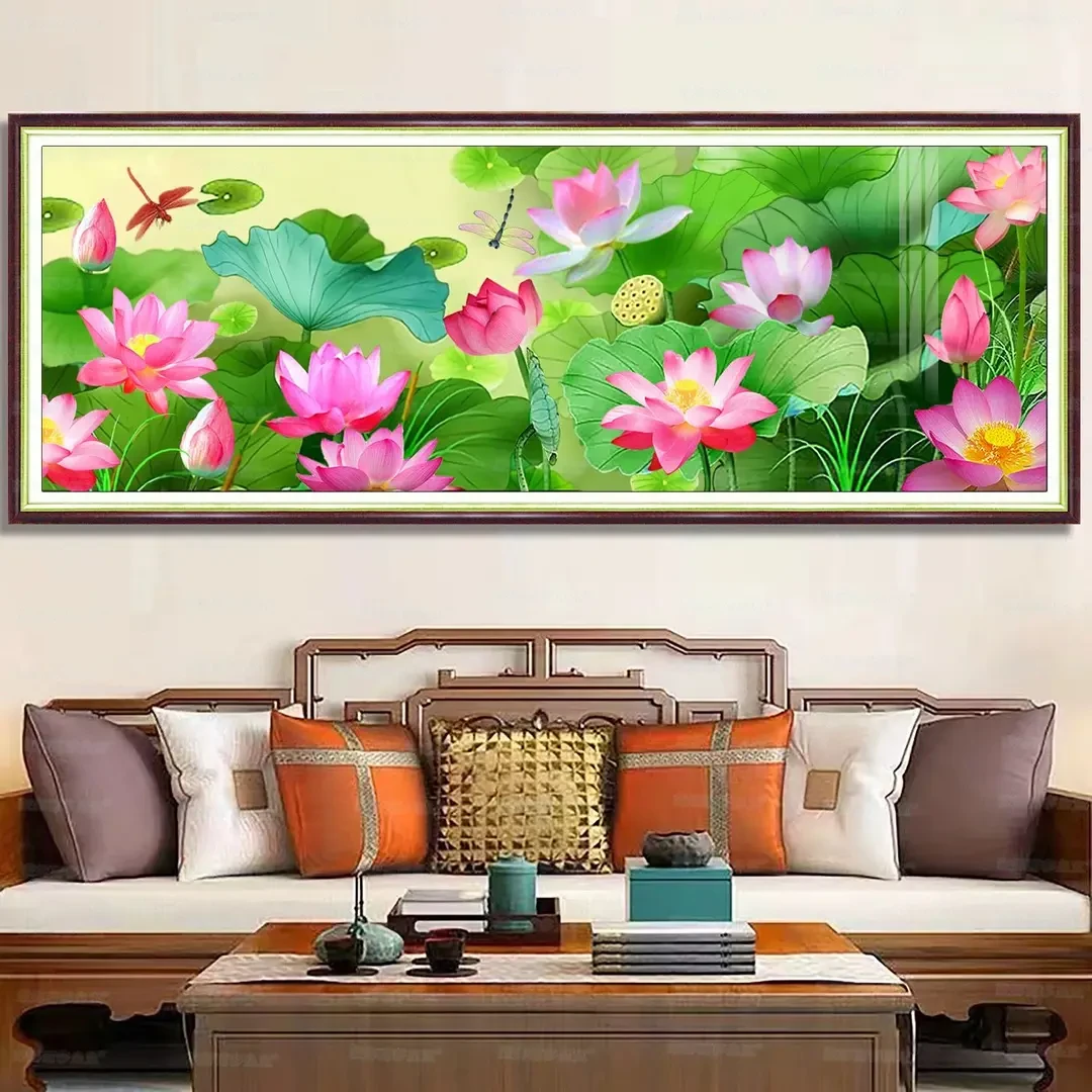 手工款:新红荷映日十字绣242*90厘米大格四股，34色无勾边（700）