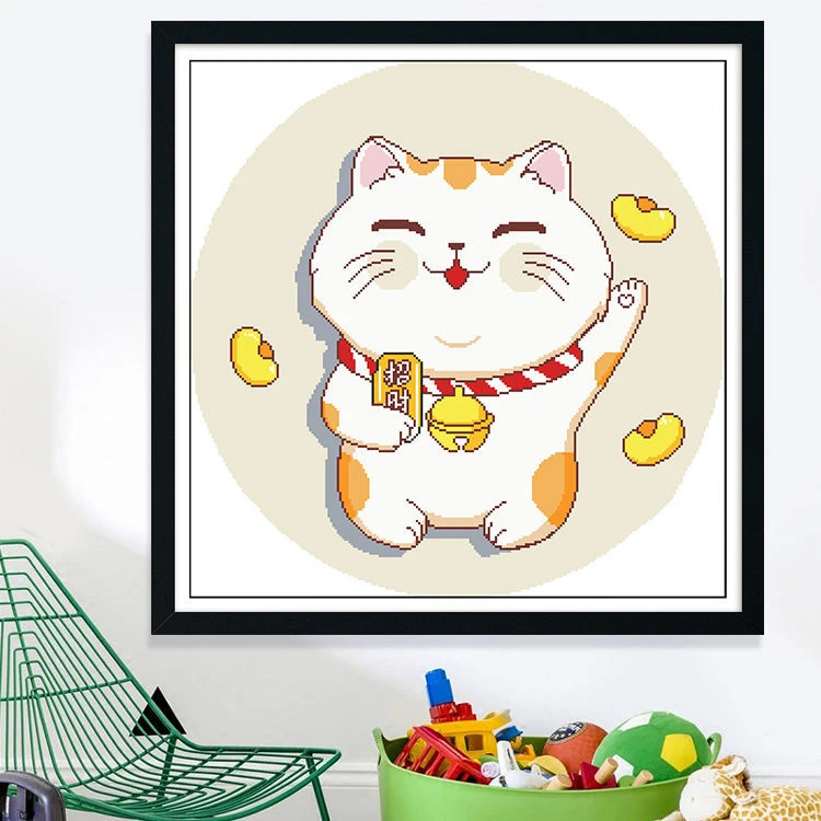 招财猫十字绣新款客厅招财可爱简约刺绣75x75四股线无沟边13色