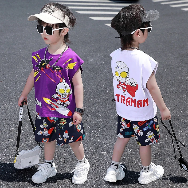 男童2024夏季新款时尚火箭奥特曼无袖短裤薄款休闲套装