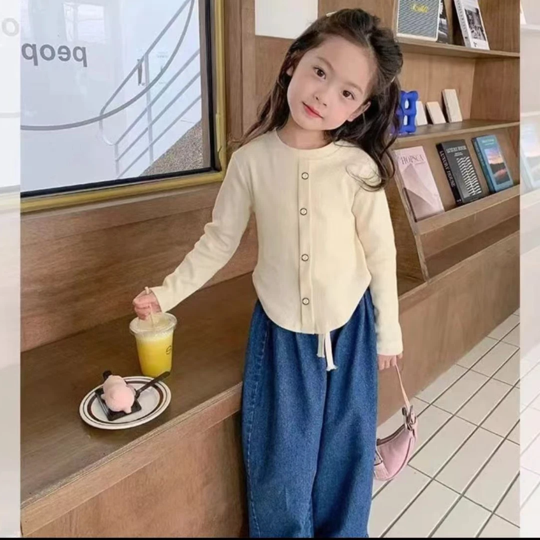 韩版女童修身短款上衣秋季新款排扣长袖打底衫