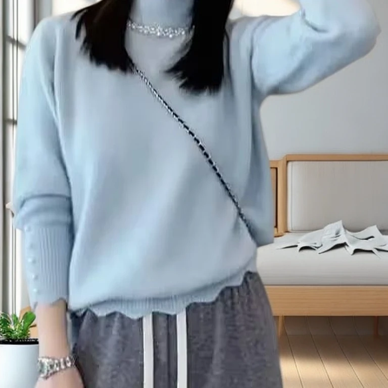 新款秋冬新款订珠半高领针织衫打底毛衣女上衣时尚百搭套头圆领