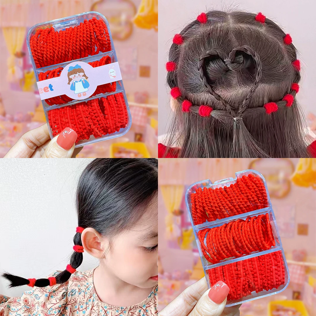 A-6014 1盒60根左右红色基础儿童多变造型不伤发皮筋发绳   发圈