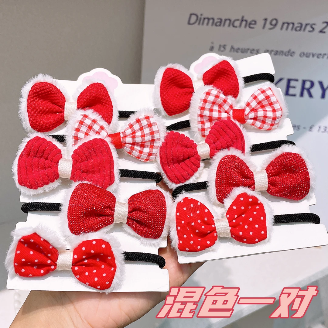 A-5442 d 混色1对同色红色蝴蝶结布艺头绳儿童高马尾节日皮筋发圈