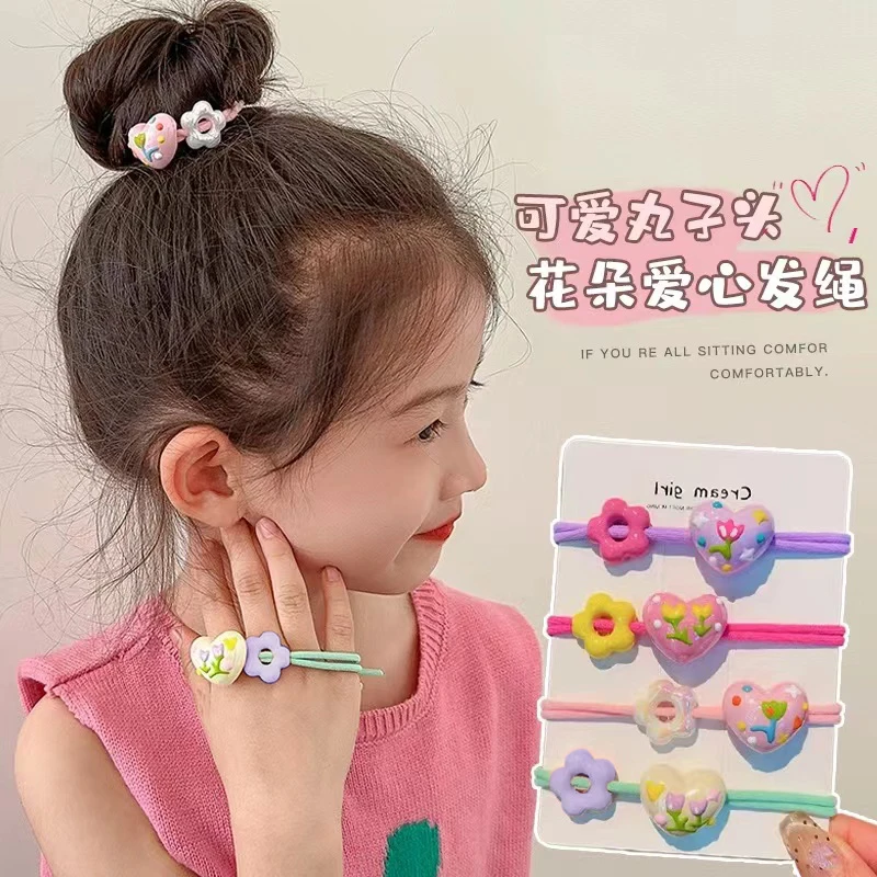 A-7673 bh 爱心花花郁金香彩绘甜美高弹力不伤发打结头绳 发圈