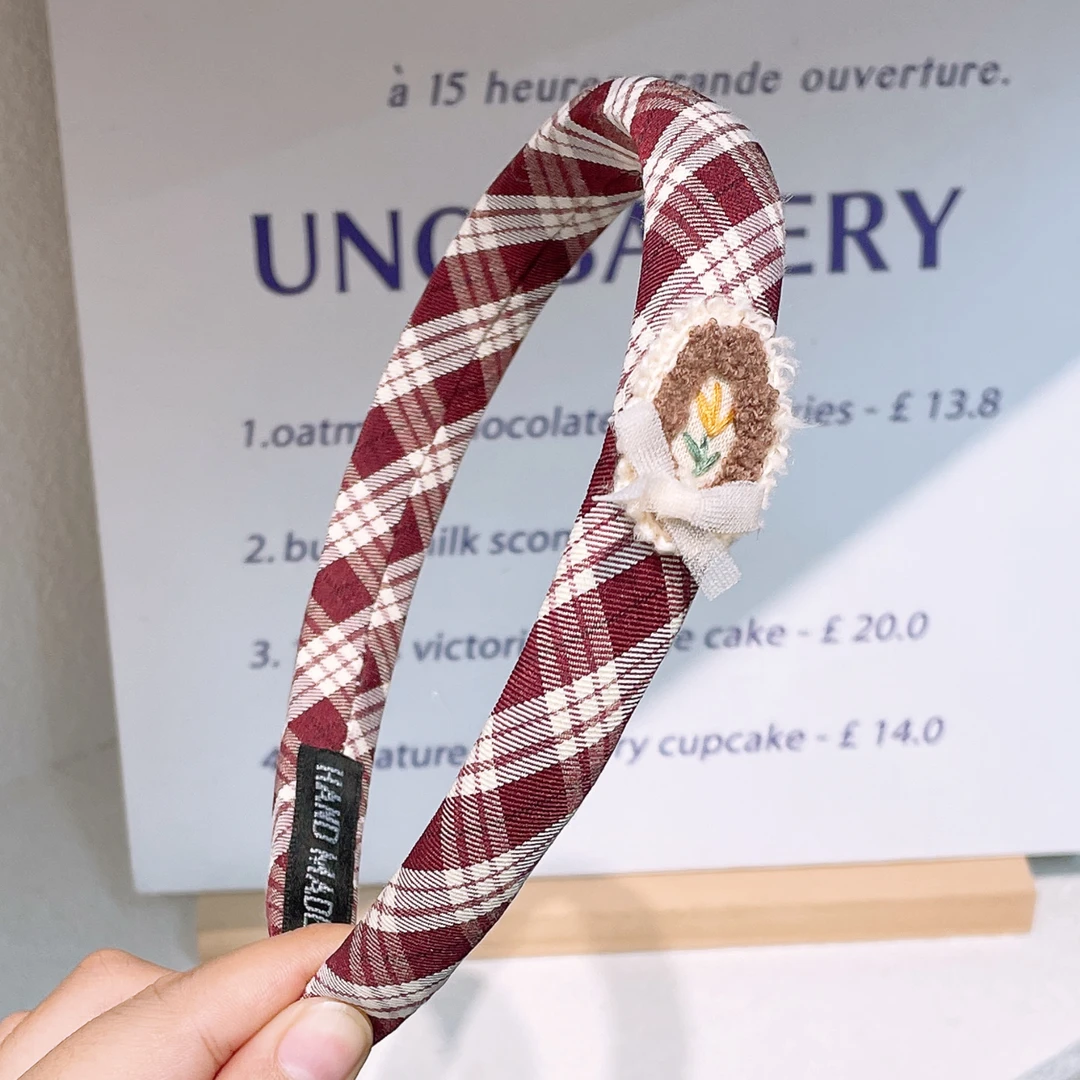 A-5686 dl 1个布艺针织花园学院风红格子高颅顶秋冬百搭发箍 发圈