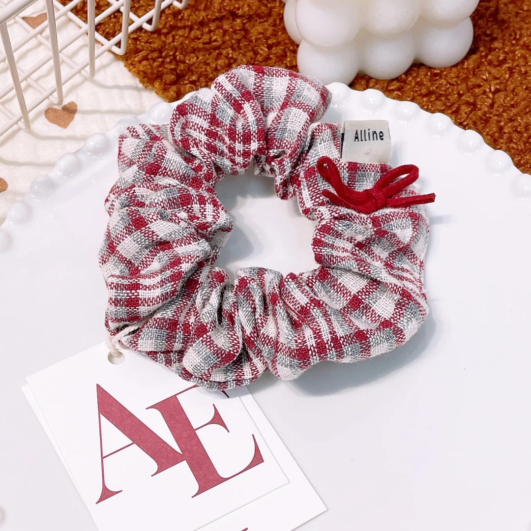 A-5896  ae 1个红格子成人蝴蝶结布艺丸子头大肠圈       发圈