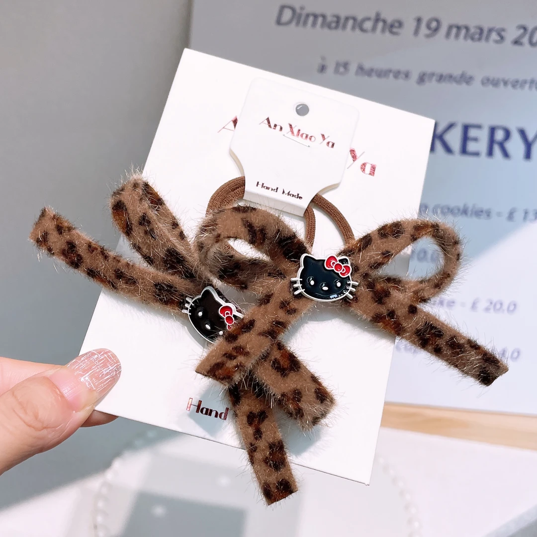 A-5397  aa 2个豹纹布艺蝴蝶结粉猫儿童双马尾不伤发头绳   发圈