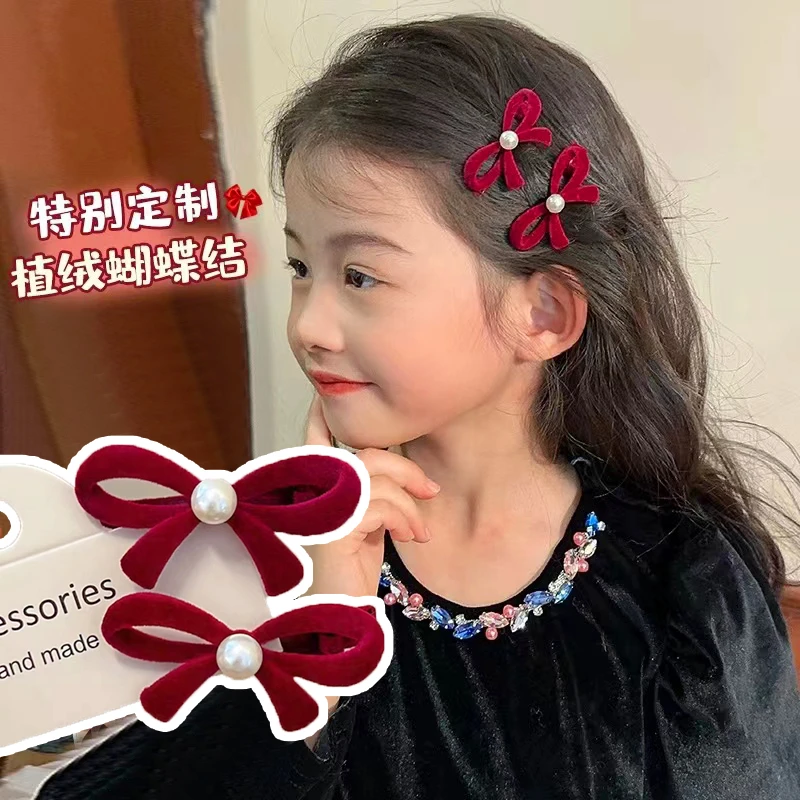 A-6048 酒红色蝴蝶结珠珠植绒儿童秋冬额前刘海碎发鸭嘴夹   发圈