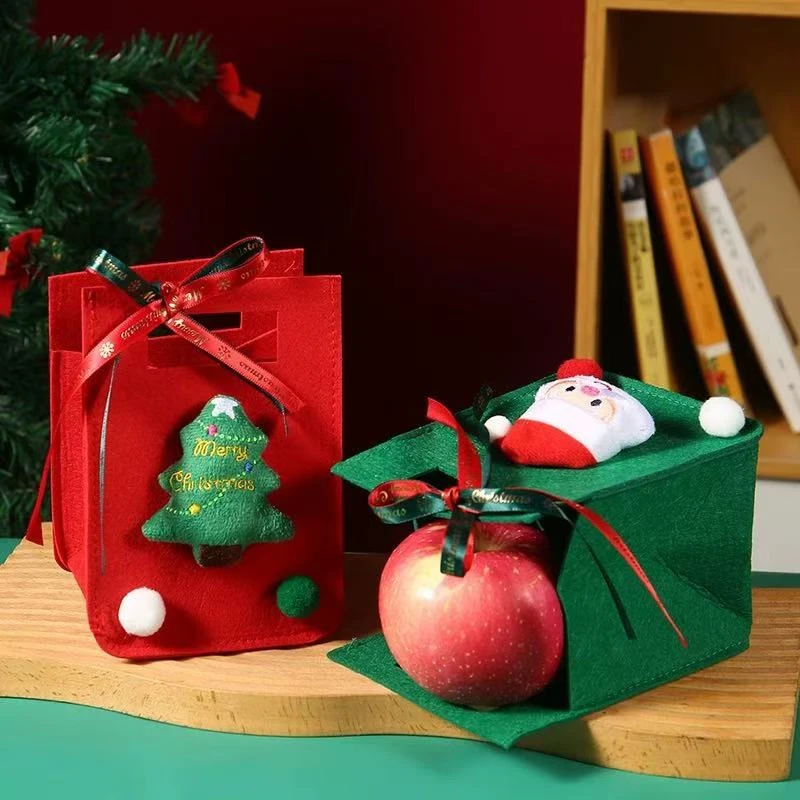 A-6074   圣诞老人玩偶苹果礼品袋毛毡平安果蝴蝶结袋子    发圈
