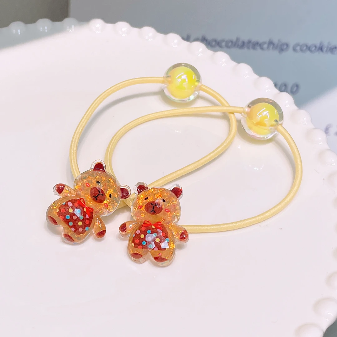 A-5383 bh 1对咖色全身波点小熊黄色球球耐用不伤发绕绕头绳 发圈