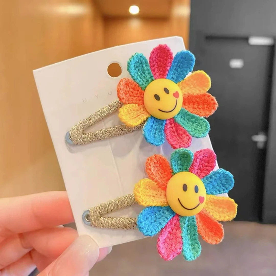 A-7055  bh 1对彩色笑脸太阳花布艺可爱小清新碎发掰掰夹   发饰