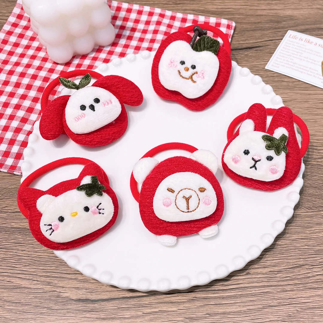 A-5768  d 红色布艺充棉苹果兔子粉猫儿童高弹力头绳        发圈