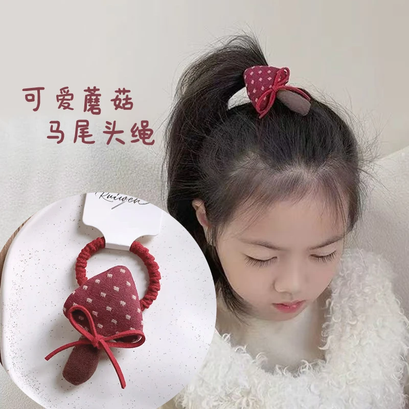 A-5774   rw 1个红色布艺充棉波点蘑菇蝴蝶结高弹力头绳    发圈