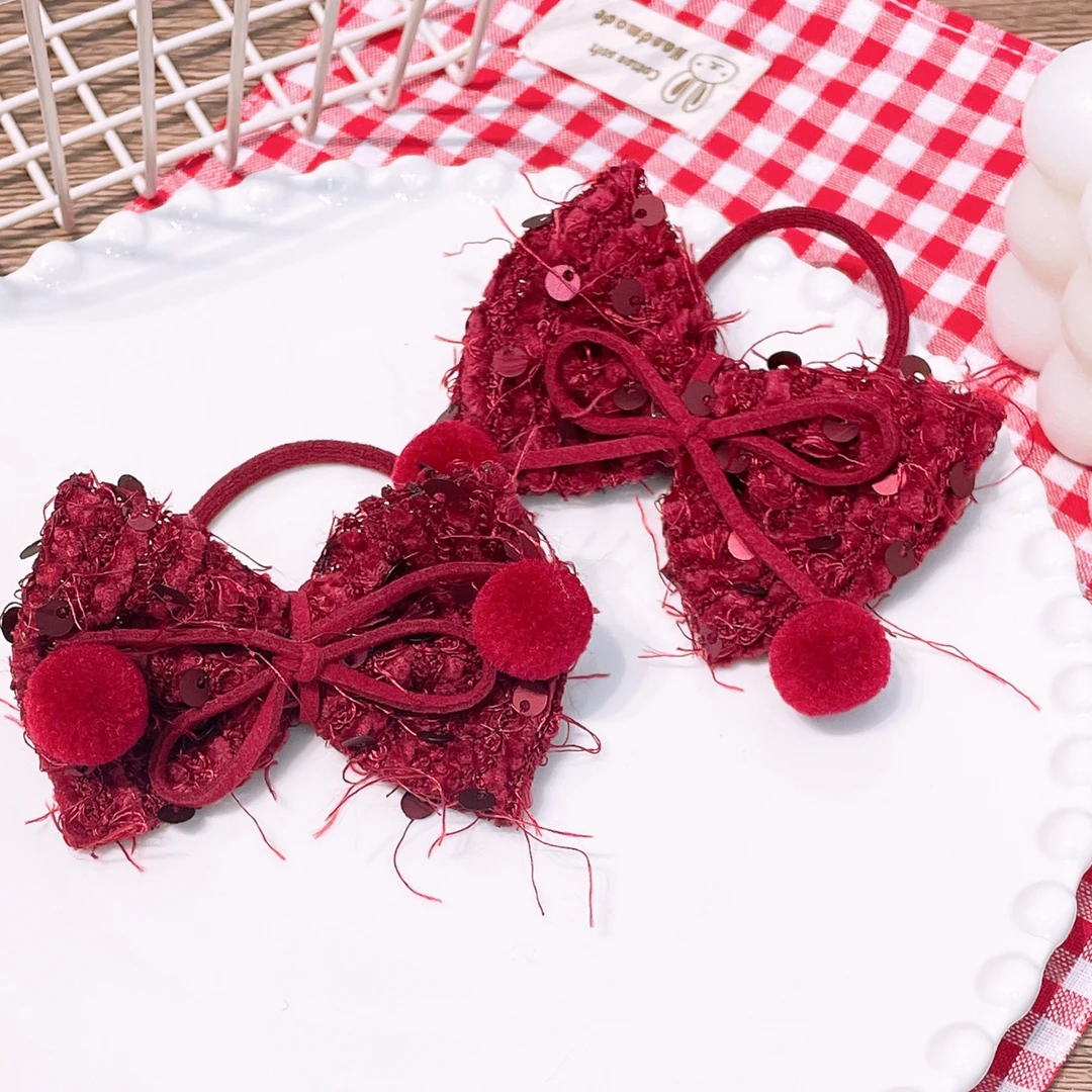 A-5734  rw 2个酒红色布艺亮片蝴蝶结毛球球双马尾头绳    发圈