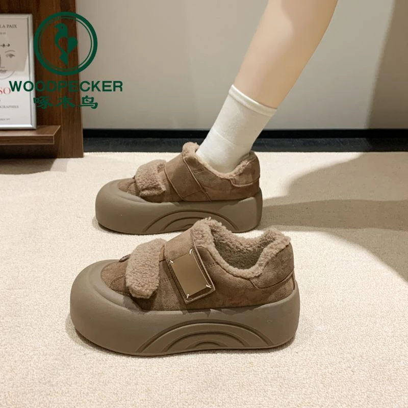 啄木鸟女鞋冬季休闲毛毛厚底增高魔术贴丑萌大头保暖加绒棉鞋女