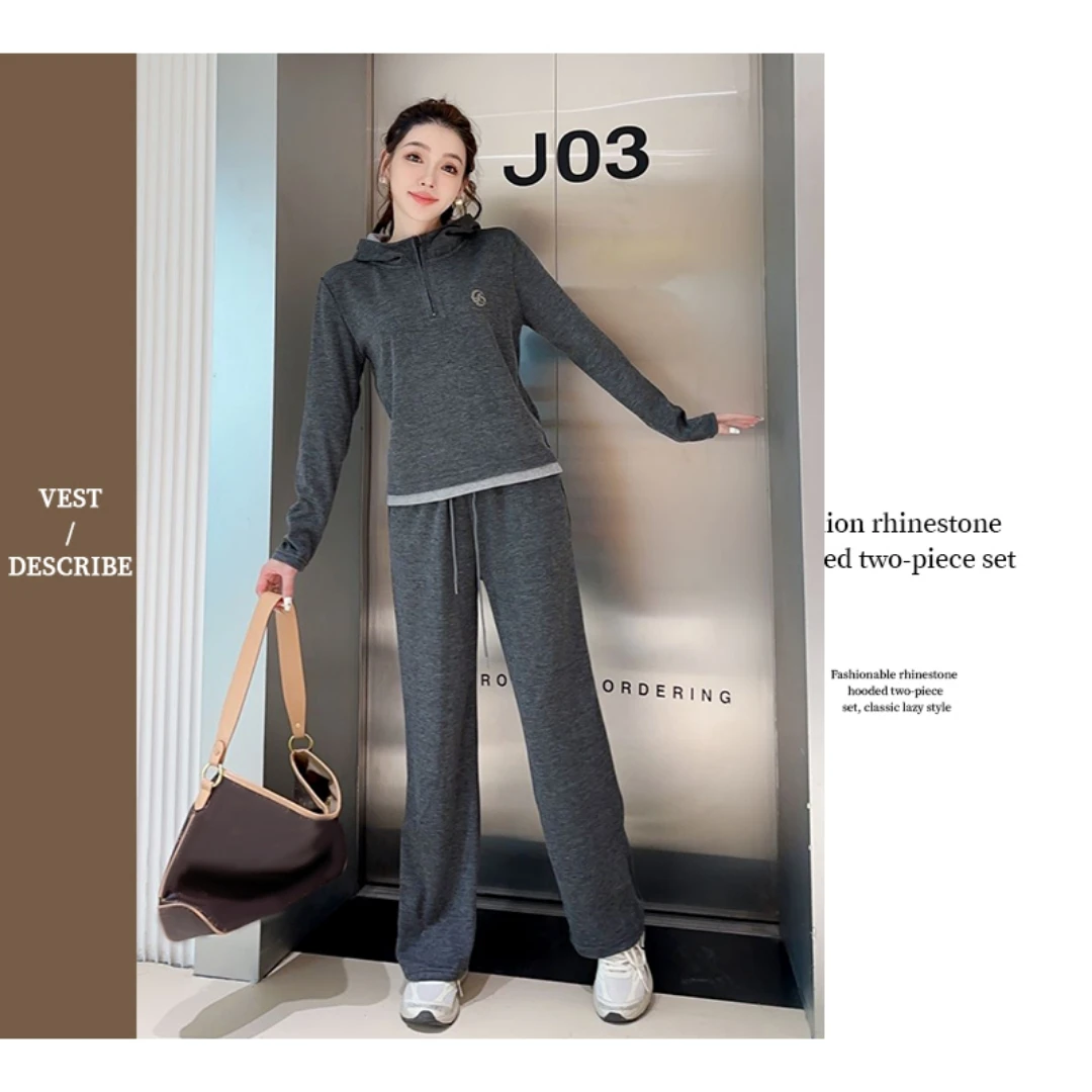 糯米连帽卫衣套装女款秋季假两件显瘦运动休闲宽松拼接两件套9659