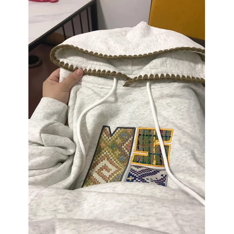 240斤大码重工刺绣几何图案连帽卫衣女初秋宽松显瘦上衣外套胖mm