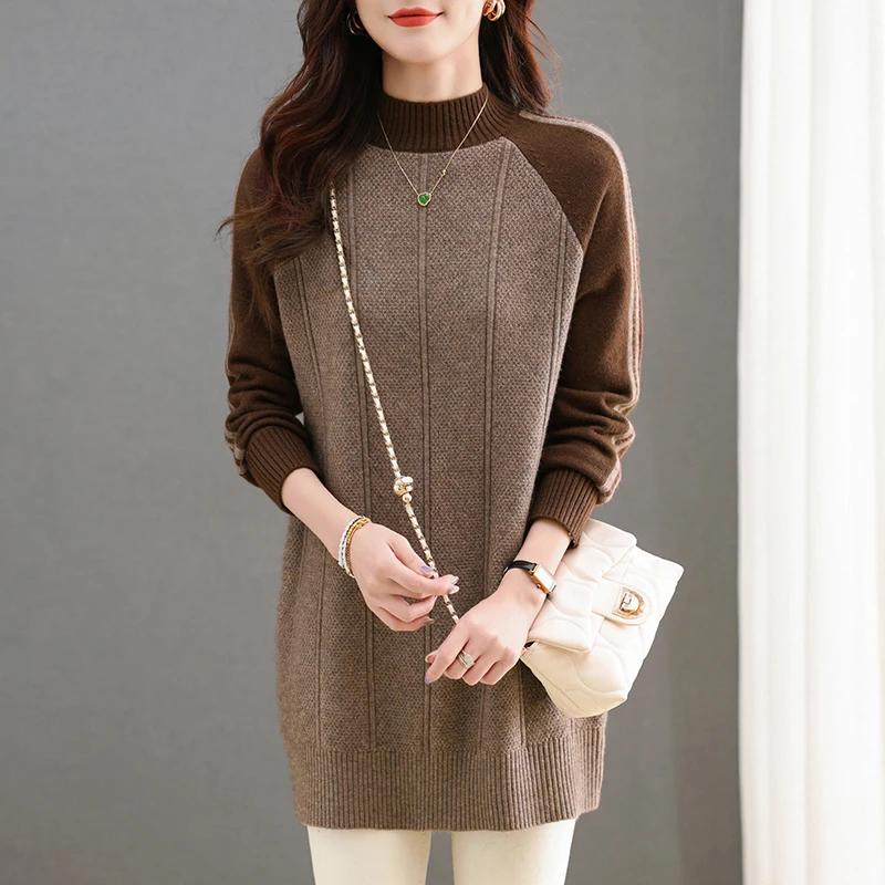 冬季新款半高领加厚中长款针织衫女宽松显瘦毛衣裙洋气百搭打底衫