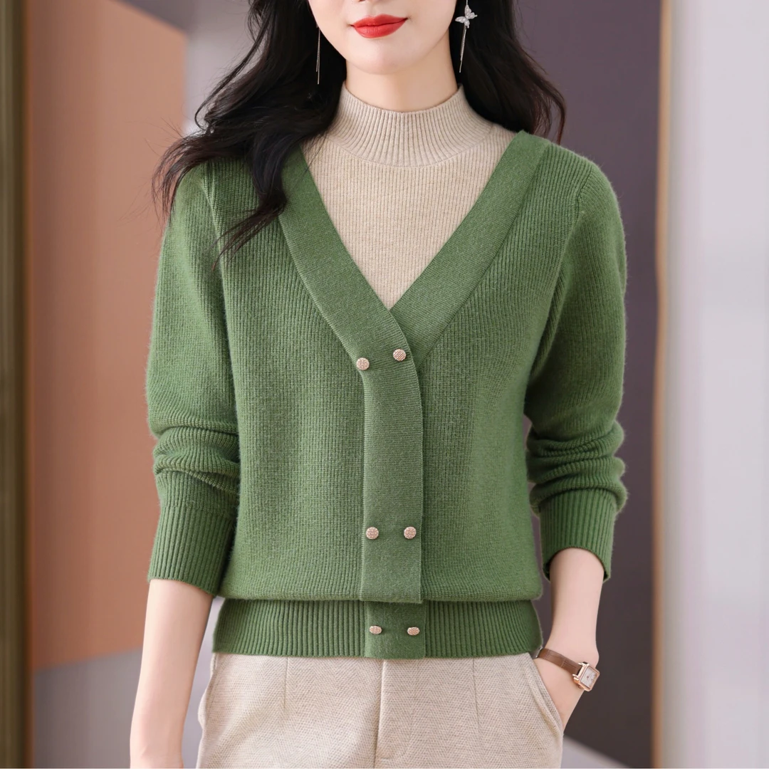 冬季新款加厚半高领假两件针织衫女时尚百搭宽松显瘦套头打底衫