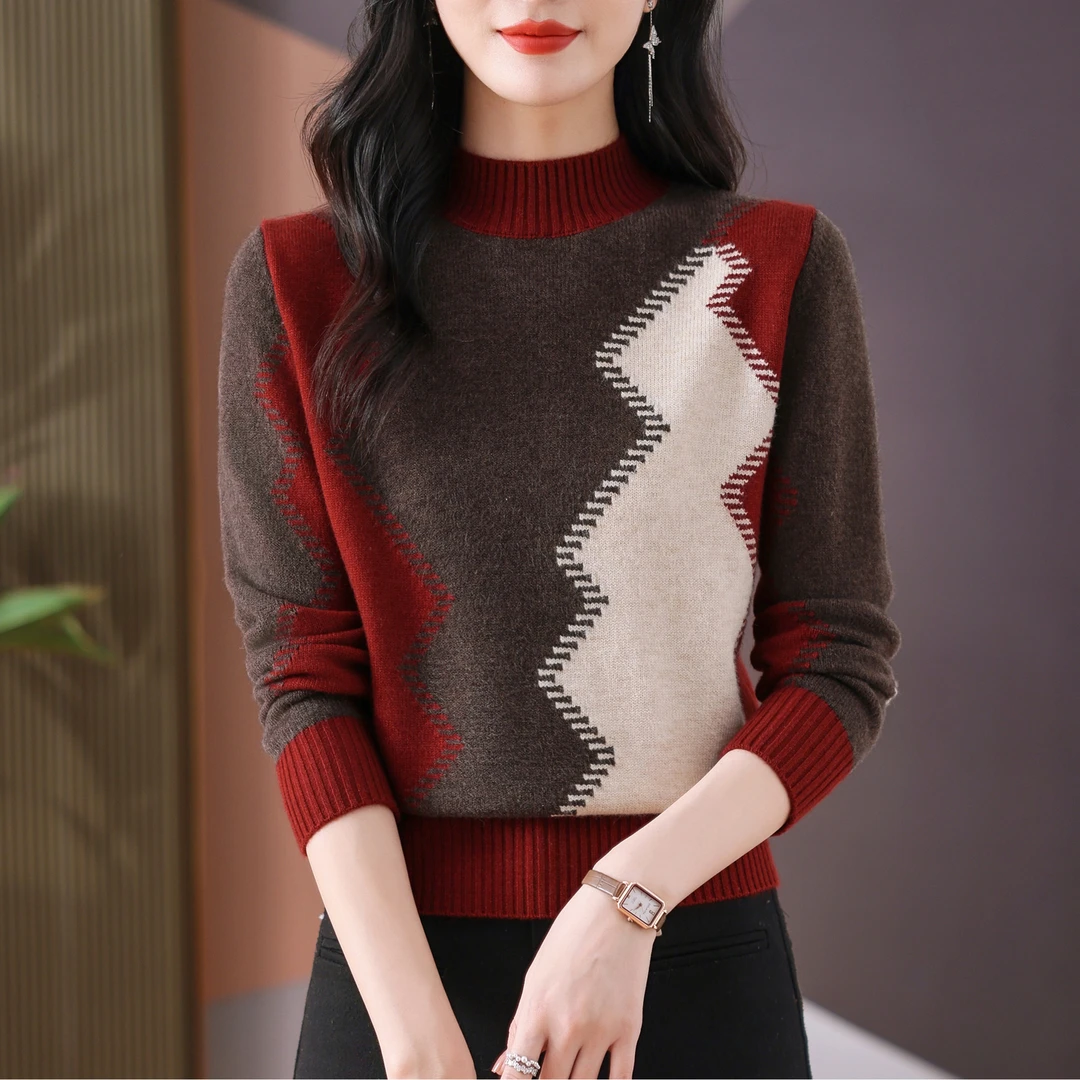 冬季新款半高领加厚针织衫女撞色时尚洋气百搭宽松显瘦套头打底衫