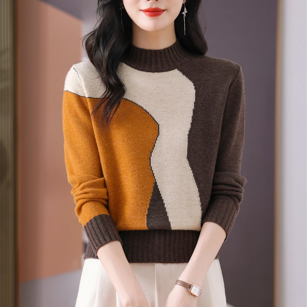 冬季新款半高领加厚针织衫女撞色时尚洋气百搭宽松显瘦套头打底衫