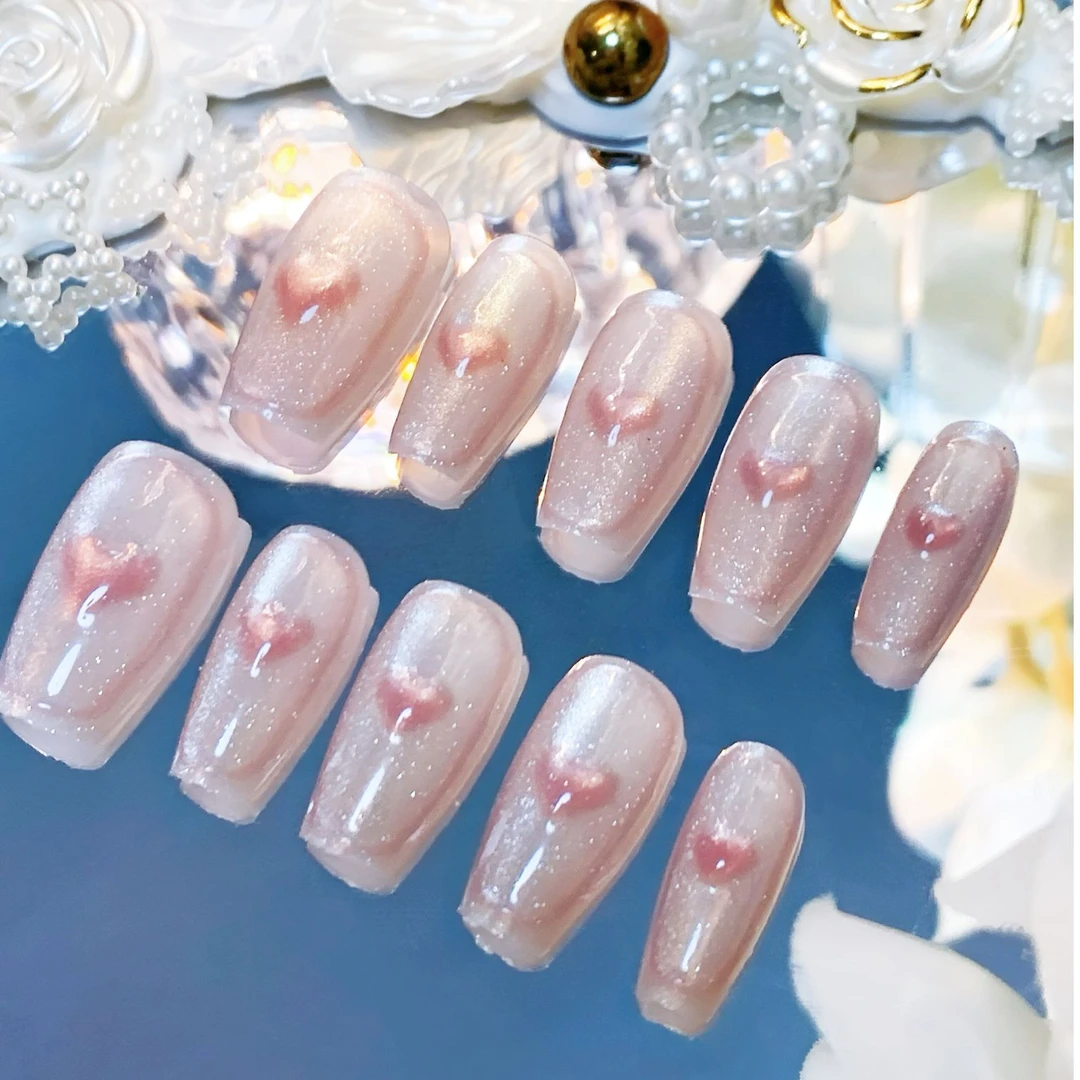 纯手绘 | 温柔干净的水光爱心猫眼 | 特别闪的发光穿戴甲