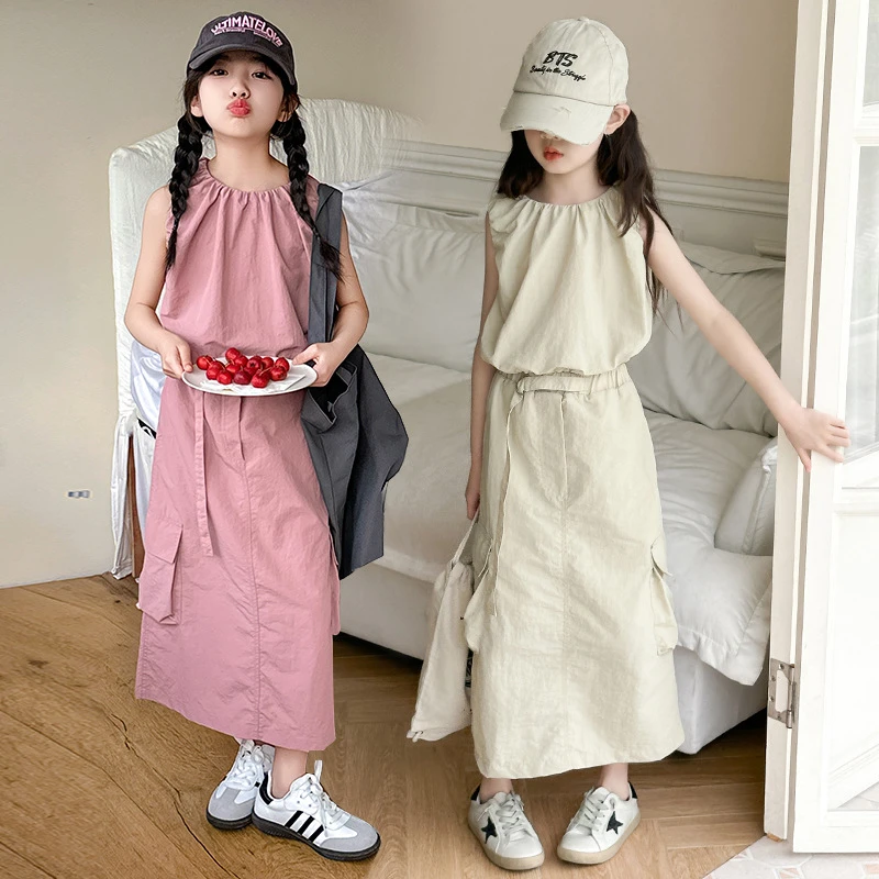 女童夏季连衣裙2024新款洋气背心套装时髦女大童夏天工装裙子