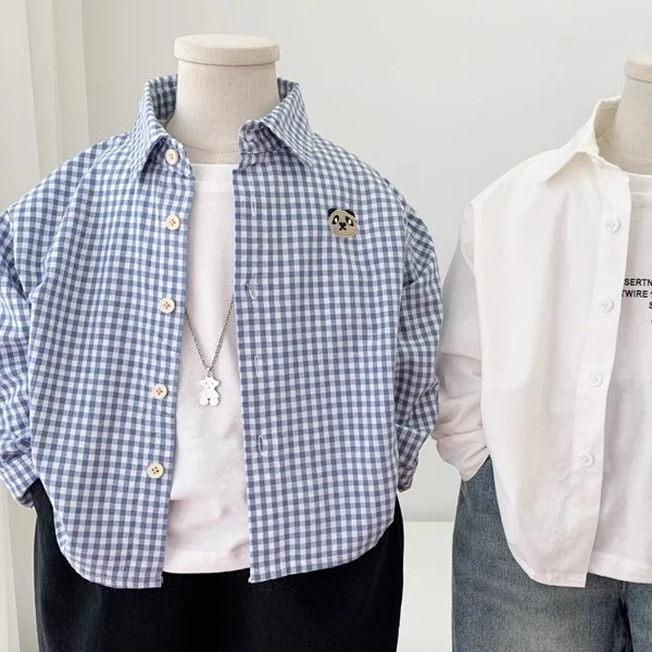 儿童棉白色衬衫2024新款韩版男童格子衬衣小童帅气休闲百搭上衣