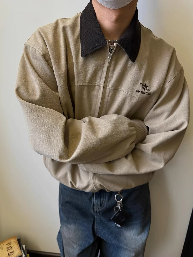 秋冬美式复古撞色翻领拉链棉衣男cleanfit高街休闲宽松夹克外套