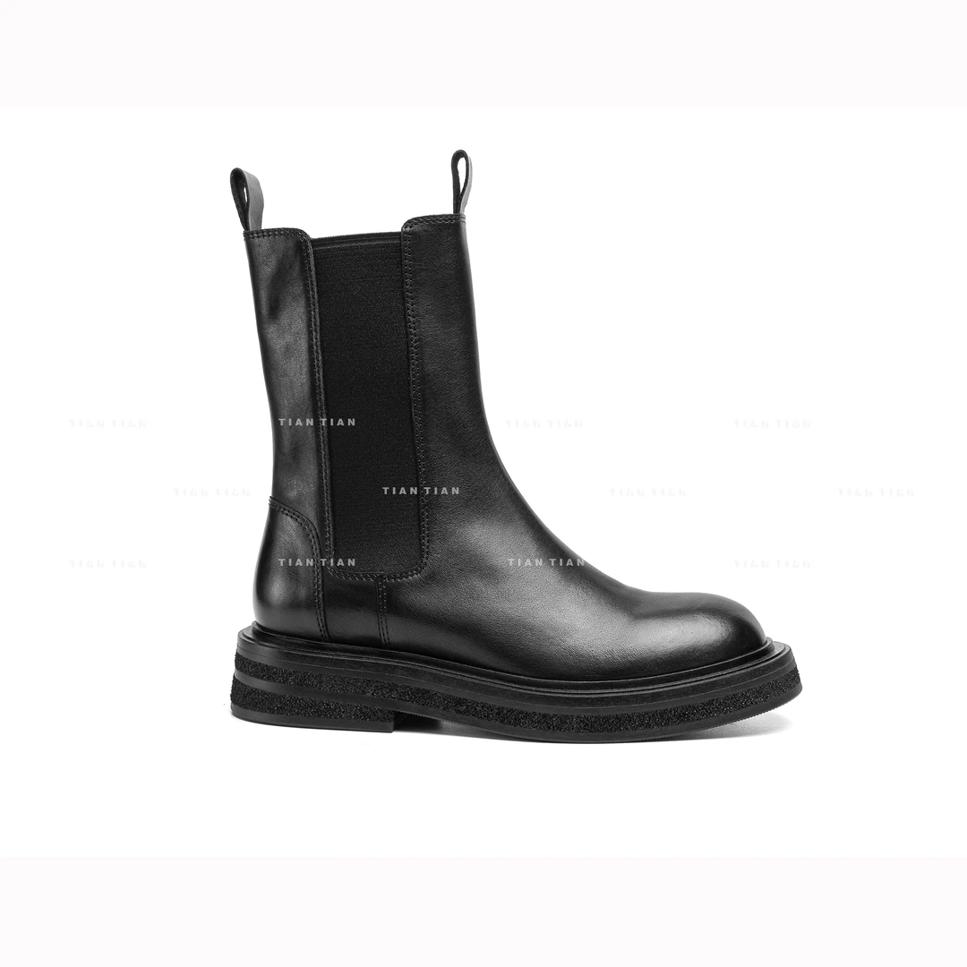 2024新款植鞣小牛皮手工中筒厚底英伦风百搭马丁靴切尔西套筒短靴