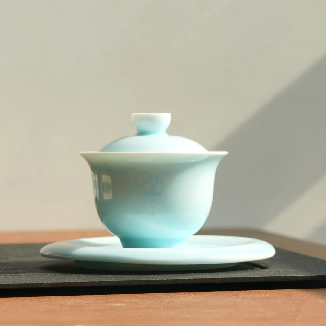 青瓷盖碗茶具粉青如意三才盖碗中式陶瓷泡茶碗功夫茶道套装小盖碗