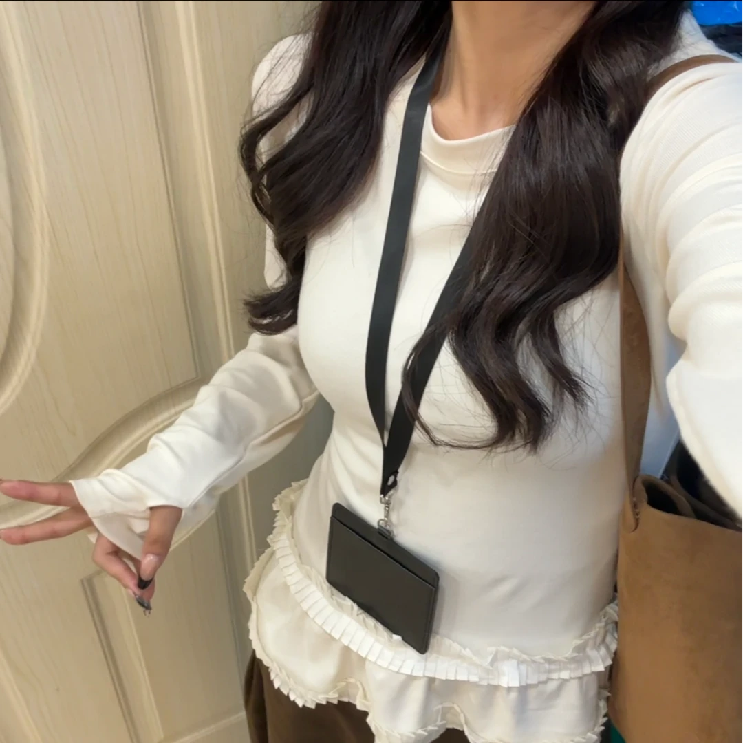 韩系设计感蕾丝花边杏色内搭打底衫女秋冬新款百搭修身长袖上衣