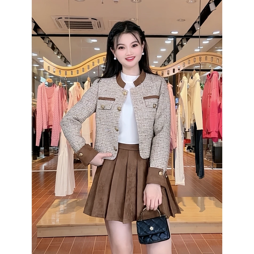 ASY/秋日暖阳雅丹2024新款时尚套装【小个子】小香风百褶套裙