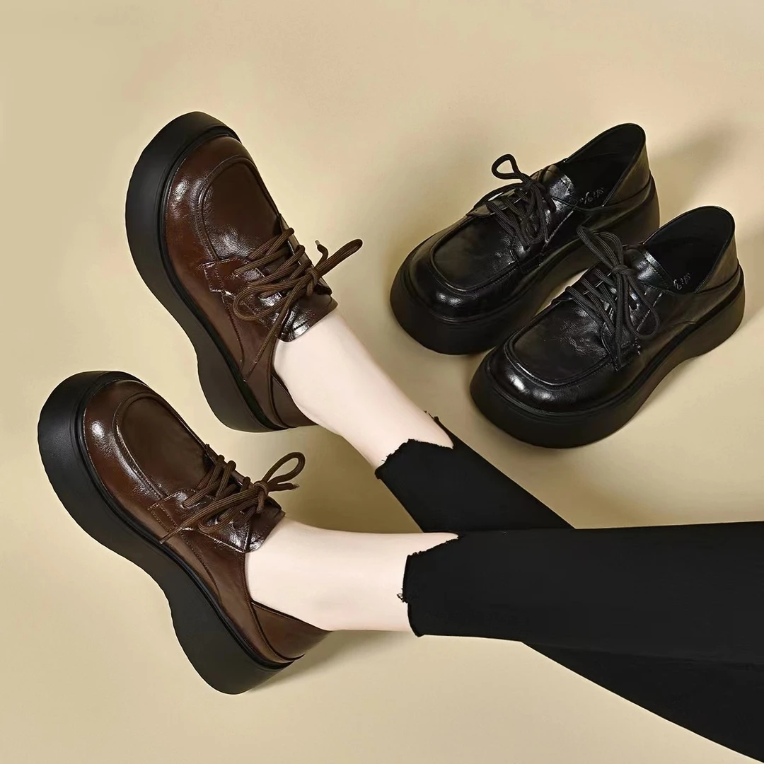 真皮小皮鞋百搭2025春秋新款英伦风厚底圆头系带百搭增高乐福鞋