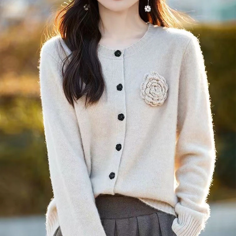 欧美重工手工玫瑰圆领针织开衫女上衣外套2024秋冬季新款