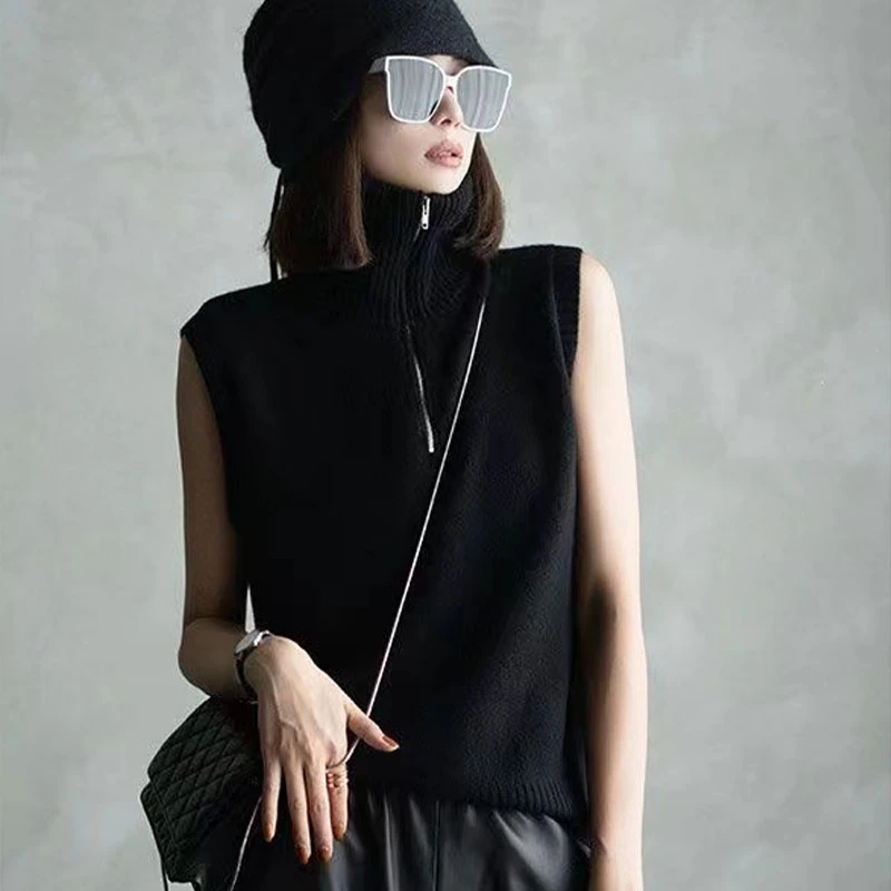 2024新款纯叠穿拉链无袖针织背心女秋装